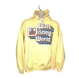 Vintage Wald Disney World Rainbow Logo Hoodie Sweatshirt in Butter Yellow XL